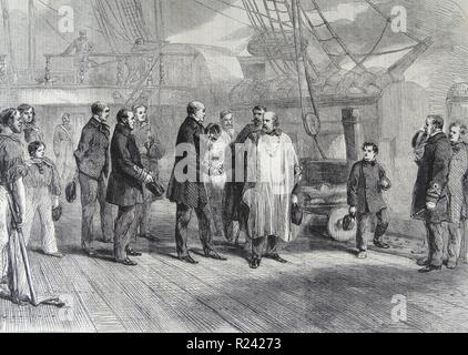 Incisione raffigurante la visita di congedo di Garibaldi(1807-1882), un italiano generale e uomo politico, all'Admiral Munday a bordo del 'Hannibal' a Napoli. Datata 1860 Foto Stock