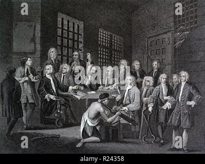 Incisione di artista britannico & incisore, William Hogarth 1697-1764: Bambridge sul processo per omicidio da un comitato della House of Commons, inciso da Thomas Cook 1803 XVIII secolo Foto Stock