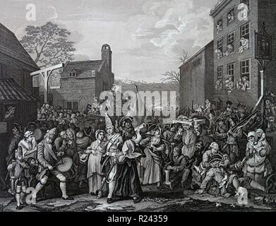 Incisione di artista britannico & incisore, William Hogarth 1697-1764: il Marzo a Finchley, raffigurante l'esercito unsteadily preparando a marzo a nord per affrontare il giacobita in 1745. L'immagine era inciso e pubblicato nel 1750. , La satira era finalizzata al membro dell'esercito britannico di fronte all'invasione dei Giacobiti nel 1747 XVIII secolo Foto Stock