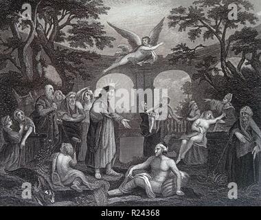 Incisione di artista britannico & incisore, William Hogarth 1697-1764: La piscina di Bethesda. 1802 La piscina curativa a JerusalemaEos SheepaEos Gate, visitati da sani e malati e con Gesù come Buon Samaritano nel centro. Incisione di Thomas Cook del XVIII secolo Foto Stock