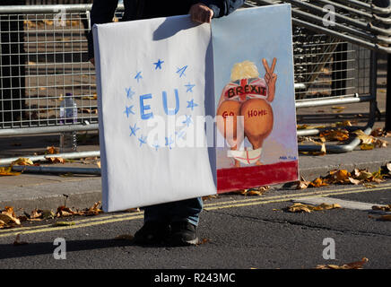 Rimanere sostenitore dimostra al di fuori di Downing Street. Artista Kaya Mar ha dipinto un quadro con 'Brexit vai a casa" su qualcuno inferiore. Foto Stock