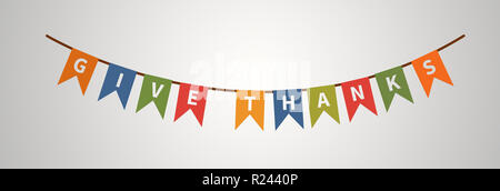 Ringraziamento bunting bandiere con le lettere in bianco sul gradiente dello sfondo. Ringraziamo il testo. Holiday decorazioni. elemento di design Foto Stock