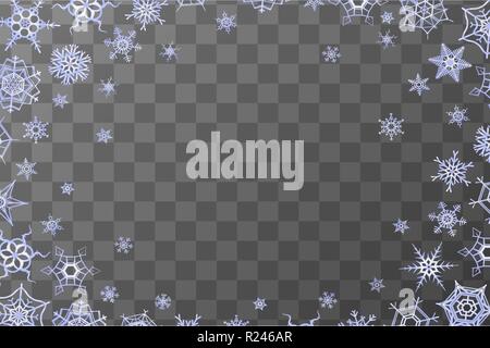Congelati orizzontale il telaio con un sacco di fiocchi di neve blu su sfondo trasparente Illustrazione Vettoriale