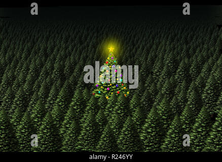 Concetto di albero di Natale come un pino decorate in una foresta verde su uno sfondo con area di testo come 3D'illustrazione. Foto Stock