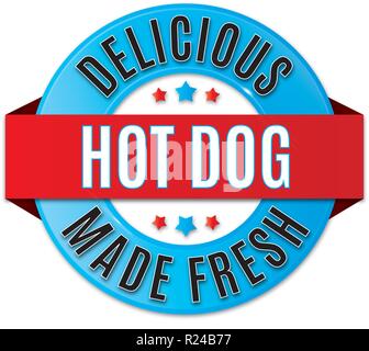 Lucida rotondo delizioso hot dog badge Illustrazione Vettoriale