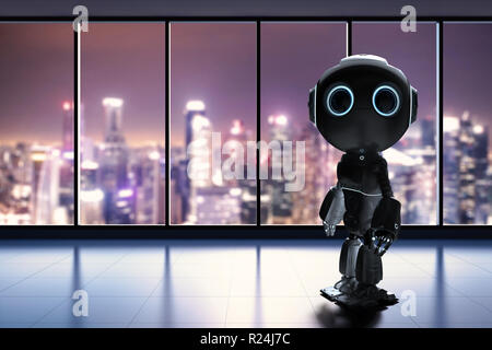 3D rendering mini robot in ufficio con cityscape sfondo Foto Stock