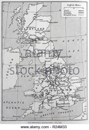 Regno Unito Rivoluzione Industriale mappa c1715 - C1830, delle ferrovie, bacini, canali e fiumi, illustrazione dal 1922 Foto Stock