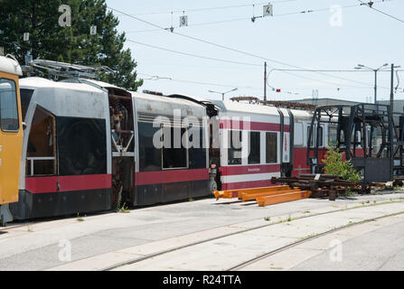 Wien, Strassenbahn, Hauptwerkstätte, Vorfeld, ULF-Versuchsträger - Vienna, tramvia, officina principale Foto Stock