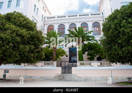 Ingresso del Rettorato dell'Università di Zadar, Croazia. Edificio bianco con finestre ad arco, circondato da verdi alberi e palme. Foto Stock