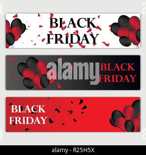 Venerdì nero vendita Banner orizzontale impostato. Volare palloncini lucida in bianco e lo sfondo rosso. La caduta di coriandoli e serpentina. Illustrazione Vettoriale. Illustrazione Vettoriale