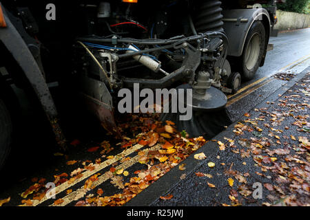 Un consiglio spazzatrice stradale mostrato di pulizia lascia lungo la strada a Chichester, West Sussex, Regno Unito. Foto Stock