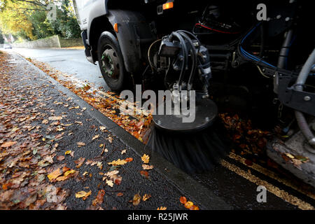 Un consiglio spazzatrice stradale mostrato di pulizia lascia lungo la strada a Chichester, West Sussex, Regno Unito. Foto Stock