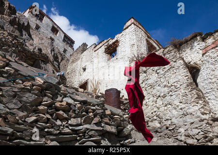 Tonaca di Monaco appeso sulla linea di abbigliamento nel monastero di Karsha, Zanskar, Jammu e Kashmir India Foto Stock