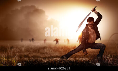 Scena come in un film horror con un uomo con un machete e un sigaro, in piedi su un campo con gli zombie di avvicinamento Foto Stock