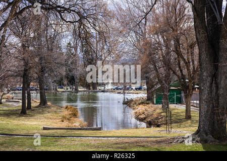 Stagno circondato da grandi alberi nel parco Edoardo Vianello, vicino al centro cittadino di Reno, Nevada Foto Stock