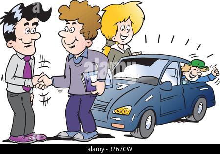 Fumetto illustrazione vettoriale di una famiglia ci ha accettato un accordo per acquistare una nuova auto auto Illustrazione Vettoriale