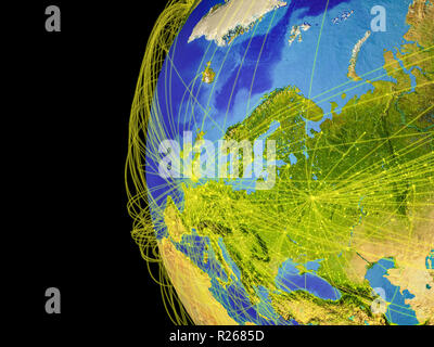 L'Europa dallo spazio sul pianeta Terra con linee che rappresentano la comunicazione globale, viaggi, collegamenti. 3D'illustrazione. Gli elementi di questa immagine arredate Foto Stock