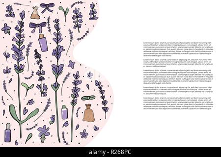 Modello di banner di Lavanda fiori e foglie in stile scarabocchio. Elementi di fiori di sfondo con spazio vuoto per il testo. Illustrazione Vettoriale. Illustrazione Vettoriale