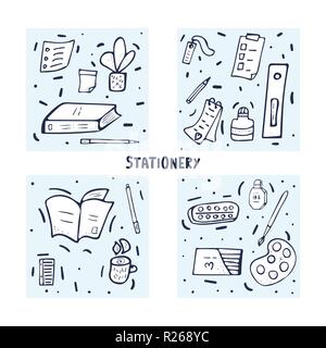 Set di vettore di forniture per ufficio. Raccolta di articoli di cancelleria in doodle stile. Sqaure compositons di scuola gli elementi. Illustrazione Vettoriale