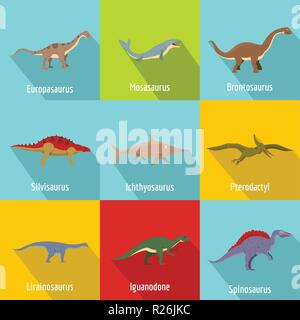 Icone di dinosauri set. flat set di 9 dinosauri icone vettoriali per il web isolati su sfondo bianco Illustrazione Vettoriale