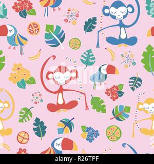 Meditando le scimmie con tucani, foglie e fiori su fondo rosa. Vettore di Seamless pattern. Perfetto per il mercato dei bambini - tessuto, wallpap Illustrazione Vettoriale