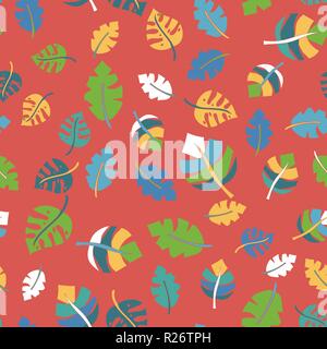 Foglie tropicali disegnati a mano rosso verde blu bianco seamless pattern. Perfetto per il design di tessuti, rottami di prenotazione e la carta da parati di design. Illustrazione Vettoriale