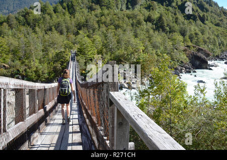 Attraversando Ponte al bosco incantato, Quelat, Aysen, Cile Foto Stock