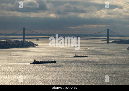 Elicottero vista aerea del ponte Verrazzano-Narrows e il porto di New York, Stati Uniti d'America Foto Stock