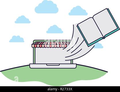 Computer portatile con tenda e prenota in uscita Illustrazione Vettoriale