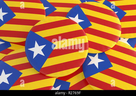 Pila di Estelada Blava separatismo catalano pulsanti bandiera, la Catalogna indipendenza News Concept, 3d illustrazione Foto Stock