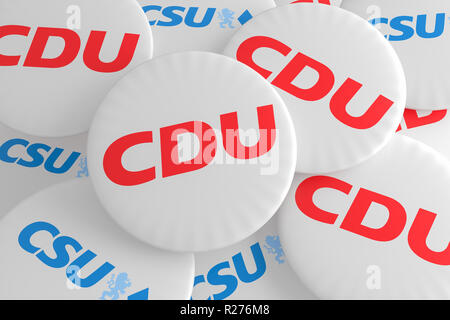 Berlino, Germania - 29 gennaio 2017: tedesca Elezione politica badge: pila di tasti con il logo dei partiti politici CDU e CSU, 3d illustrazione Foto Stock