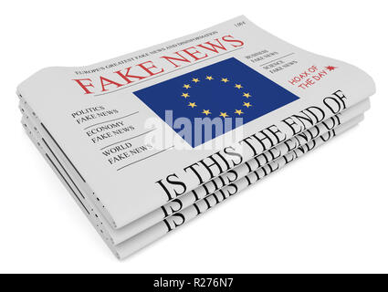 Fake News Unione europea il concetto: la pila di quotidiani con la bandiera dell'UE, 3d illustrazione su sfondo bianco Foto Stock