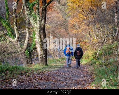 Due persone a piedi lungo un percorso dal fiume West Lyn a Lynmouth nel Parco Nazionale di Exmoor Devon, Regno Unito Foto Stock