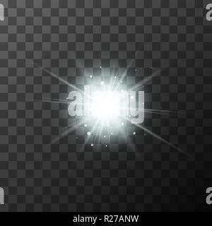 Starburst luminoso con brillantini bianco e la magia di raggi di luce su sfondo trasparente Illustrazione Vettoriale