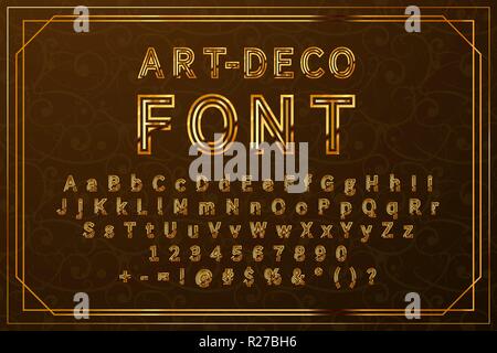 Golden art-deco font retrò, set completo di vintage simboli latina con numeri e segni Illustrazione Vettoriale