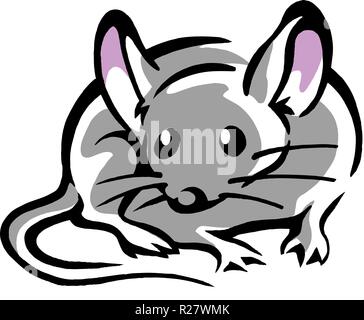 Disegnate a mano illustrazione vettoriale di un mouse con grandi orecchie rosa Illustrazione Vettoriale