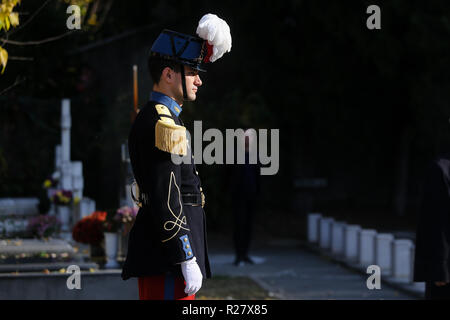 Bucarest, Romania - 11 Novembre 2018: francese onore soldato di guardia che frequentano una cerimonia ufficiale in un cimitero dei veterani Foto Stock