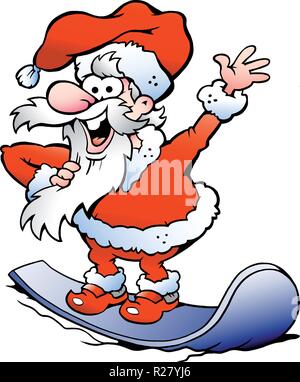 Disegnate a mano illustrazione vettoriale di una felice Santa su snowboard Illustrazione Vettoriale