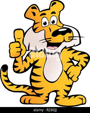 Disegnate a mano illustrazione vettoriale di un felice e orgoglioso tigre siberiana dando pollice in alto Illustrazione Vettoriale