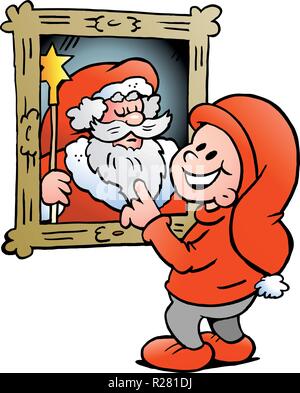Disegnate a mano illustrazione vettoriale di un felice Natale Elf guardando una foto del padre di Santa Claus Illustrazione Vettoriale