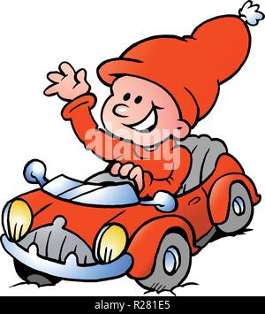 Disegnate a mano illustrazione vettoriale di un felice Natale Elf di guida in un auto sportiva rossa Illustrazione Vettoriale