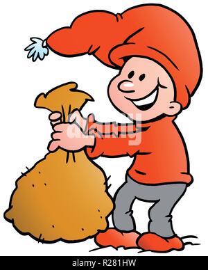 Disegnate a mano illustrazione vettoriale di un felice Natale Elf tenendo un sacco Illustrazione Vettoriale