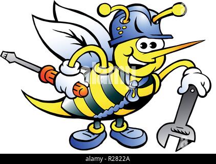 Disegnate a mano illustrazione vettoriale di un lavoro felice Bee tenendo la chiave e cacciavite Illustrazione Vettoriale