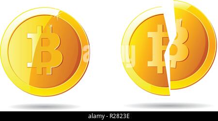 Bitcoin e rotto bitcoin cryptocurrency giallo logo su sfondo bianco Illustrazione Vettoriale