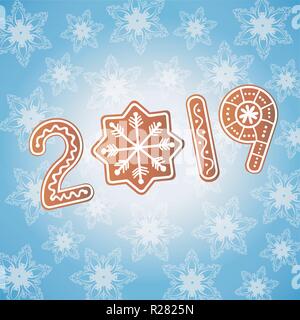 Anno Nuovo 2019 Zenzero cookie la scheda con il simbolo del fiocco di neve sullo sfondo Illustrazione Vettoriale