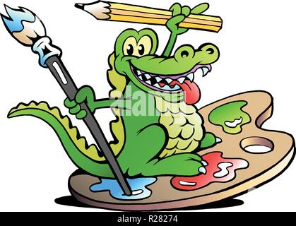 Disegnate a mano illustrazione vettoriale di un felice artista creativa coccodrillo Illustrazione Vettoriale