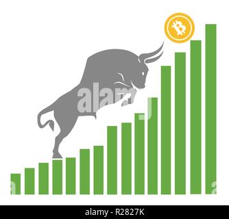 Bull si muove Bitcoin fino sul grafico, positivo cryptocurrency mercato, sfondo bianco Illustrazione Vettoriale