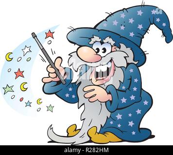 Vector Cartoon illustrazione di un felice vecchio mago Magic uomo con una bacchetta Illustrazione Vettoriale
