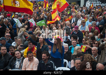 Malaga, Spagna. 17 novembre 2018. I sostenitori della spagnola estrema destra partito VOX sono visto sventolare la bandiera spagnola durante la campagna delle elezioni regionali in Andalusia. Credito: Gesù Merida/SOPA Immagini/ZUMA filo/Alamy Live News Foto Stock