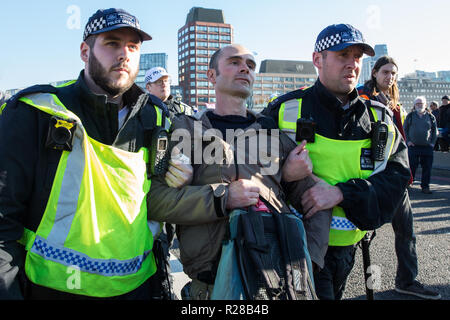 Londra, Regno Unito. 17 Novembre, 2018. Gli ufficiali di polizia arrestato un uomo dopo gli attivisti ambientali dalla ribellione di estinzione bloccato Lambeth Bridge, uno dei cinque ponti bloccato nel centro di Londra, come parte di una ribellione evento della durata di un giorno per evidenziare "inazione penale a fronte del cambiamento climatico catastrofe ecologica e collasso" da parte del governo del Regno Unito come parte di un programma di disobbedienza civile durante la quale decine di manifestanti sono stati arrestati. Credito: Mark Kerrison/Alamy Live News Foto Stock